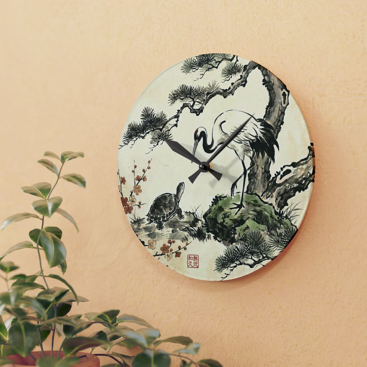 Japanese Crane and Turtle, Pine and Plum Wall Clock - Symbol of Longevity & Peace Wall Art | MU-NI Japan