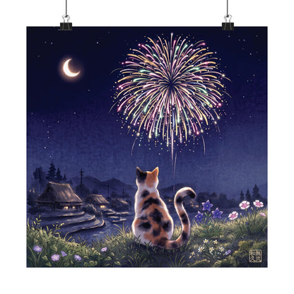 Calico Cat and Fireworks Art Print - Japanese Nostalgic Summer Night Poster | MU-NI Japan