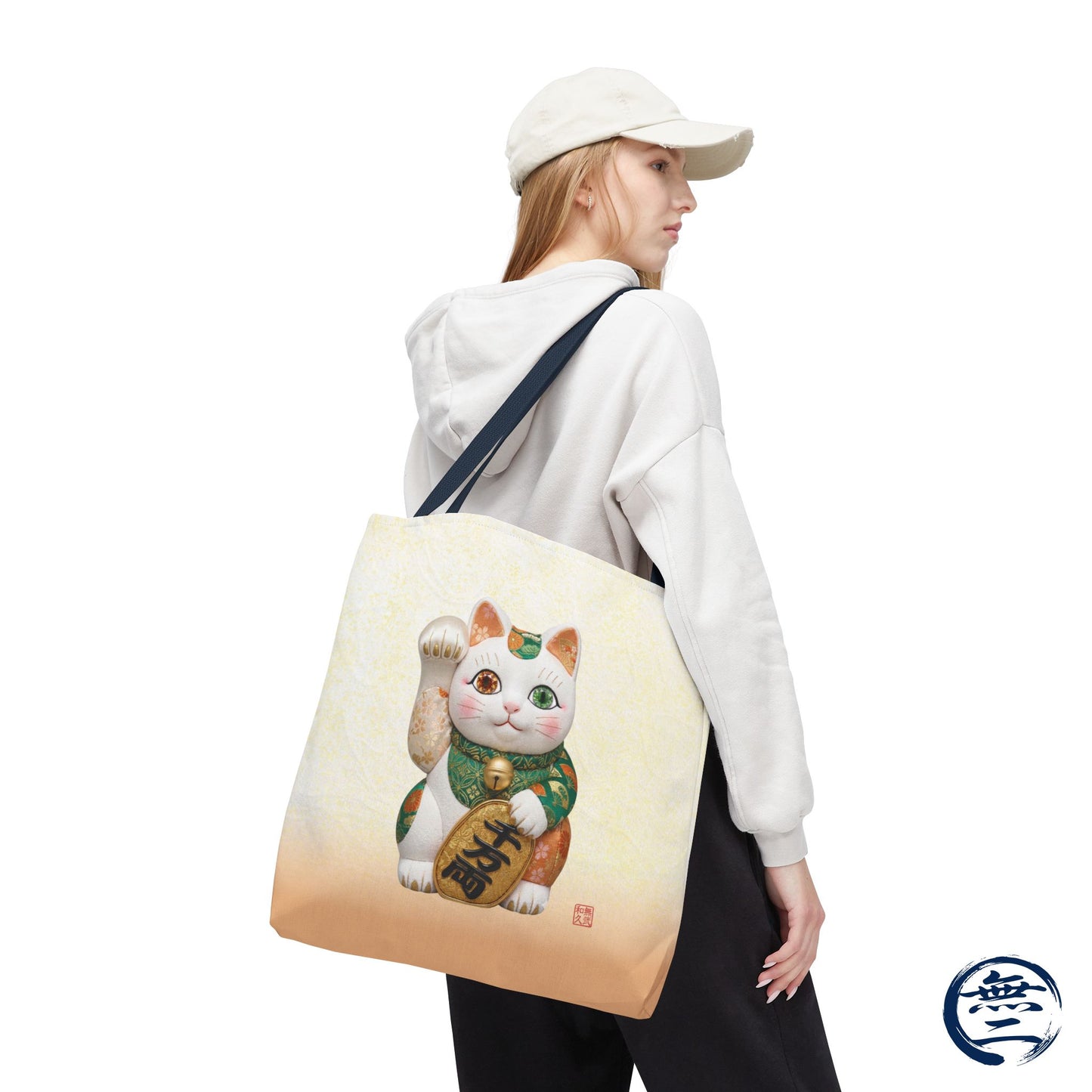 Shin-Maneki neko Modern Kimekomi Decor Style Tote Bag | Kawaii Odd-Eye & Smile Dual Design- Beckon Wealth and Prosperity MK2D | MU-NI Japan