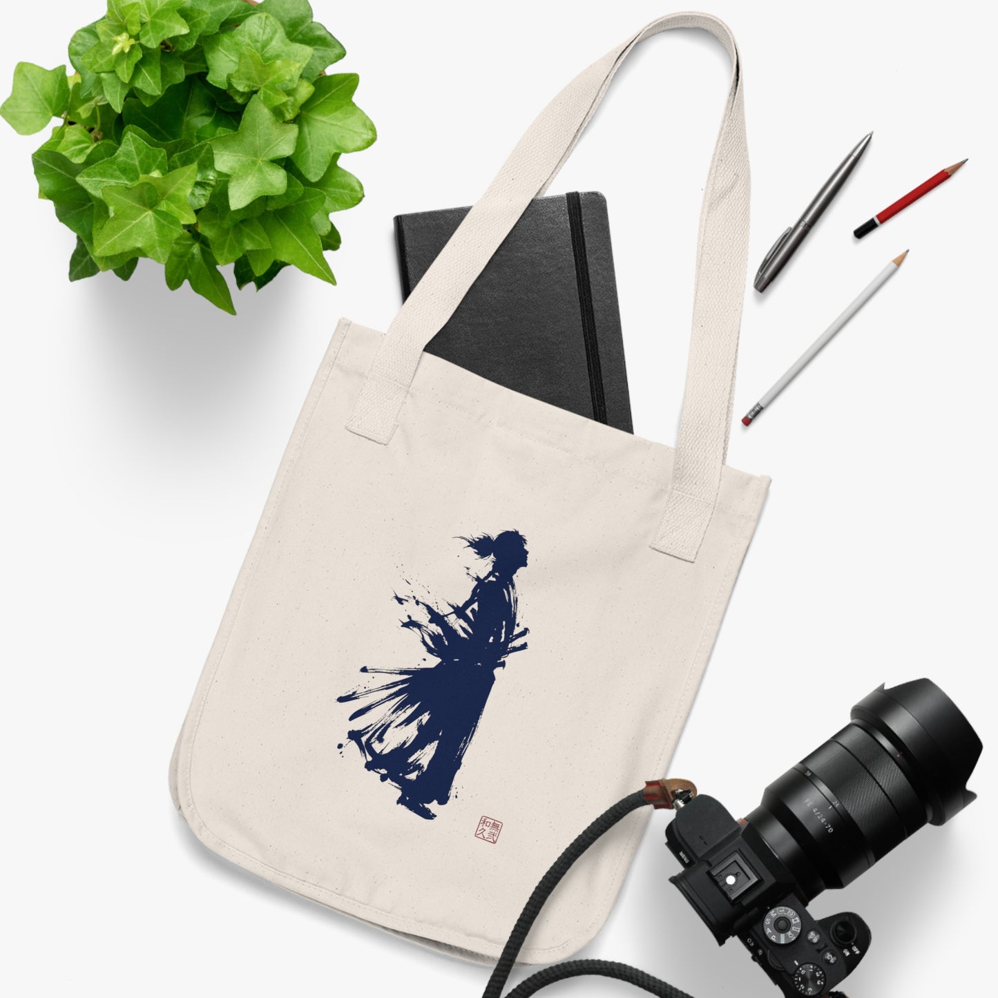 Samurai Warrior Silhouette Organic Cotton Tote Bag, Minimalist Japanese Calligraphy Art , Sustainable Eco-Friendly lgt SR2B | MU-NI Japan