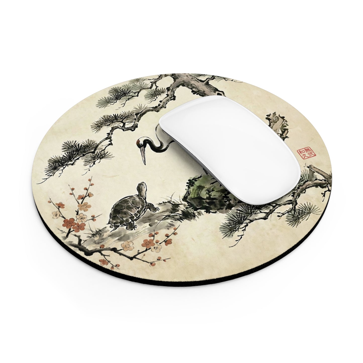 Crane and Turtle Sumi-e Round Mouse Pad with Pine & Plum | MU-NI Japan
