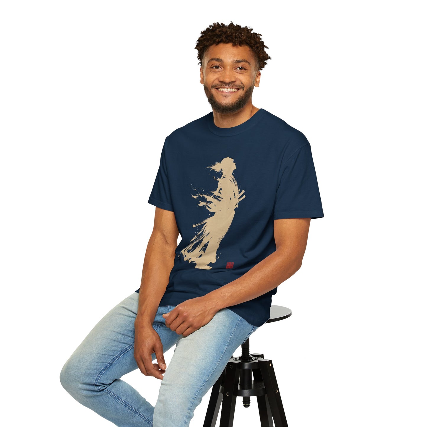 Minimalist Samurai Silhouette Zen T-Shirt - Japanese Calligraphy Kanji Shodo Art - One and Only Garment-Dyed Tee SR2U | MU-NI Japan
