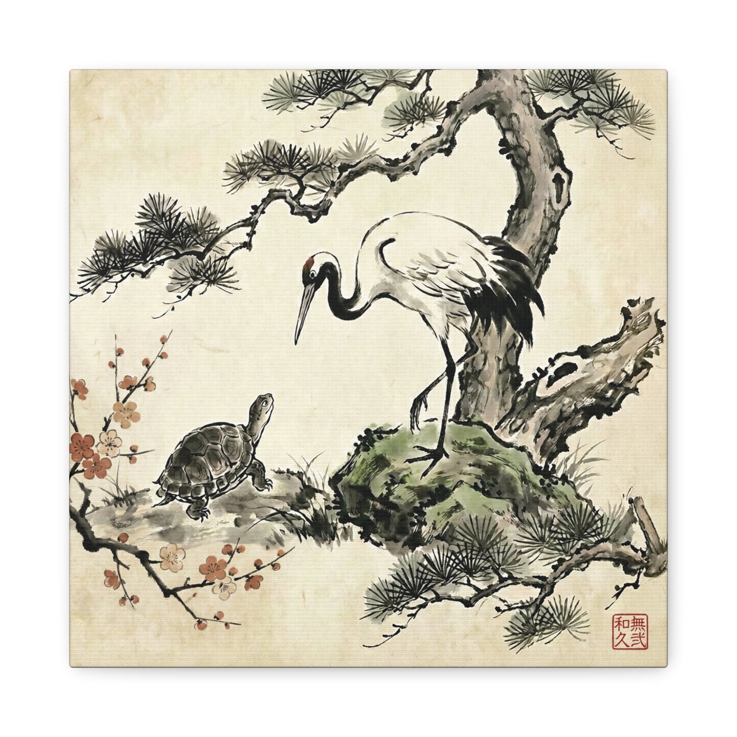 Japanese Crane and Turtle Longevity Zen Ink Art Canvas - Tsuru and Kame  | CT2V MU-NI Japan