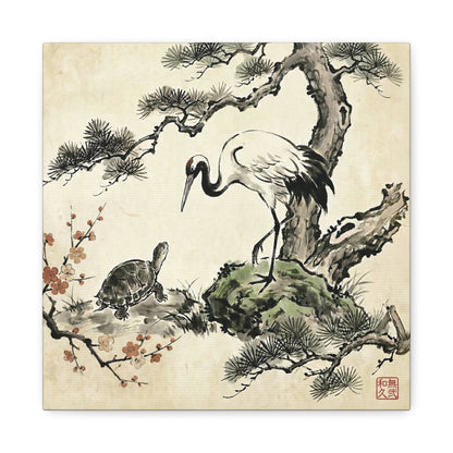 Japanese Crane and Turtle Longevity Zen Ink Art Canvas - Tsuru and Kame  | CT2V MU-NI Japan