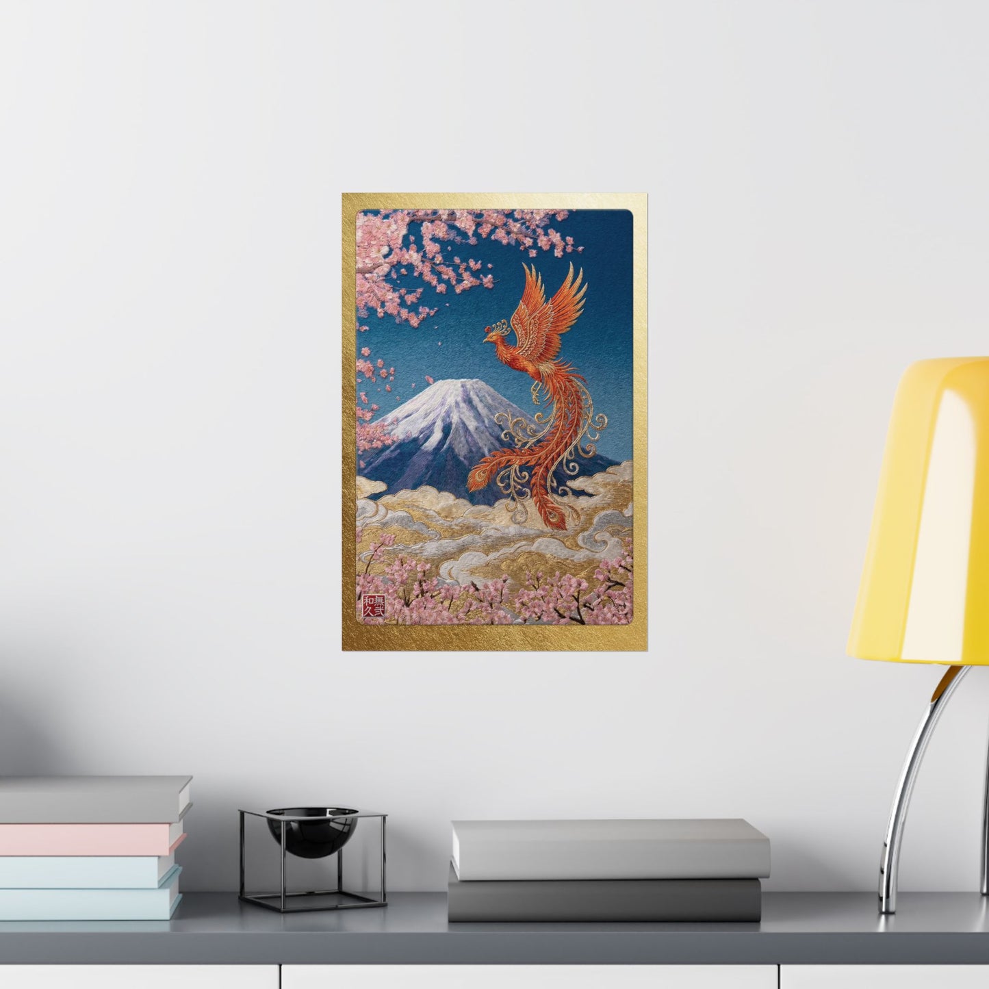 Japanese Phoenix Houou Mount Fuji Wall Art - Modern Embroidery Style Textured Poster | Zen Home Decor & Auspicious Gift HF3I | MU-NI Japan