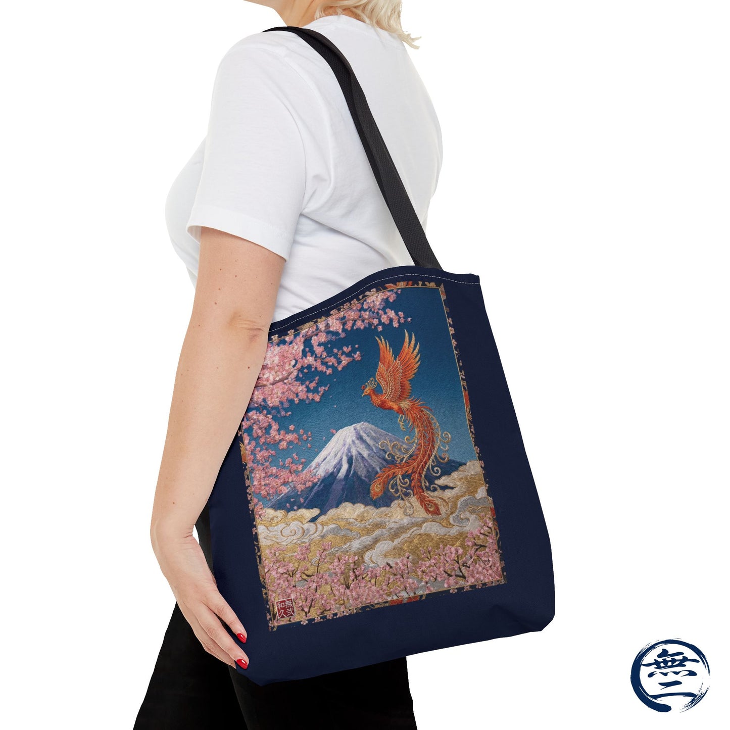 Japanese Phoenix Houou Mt Fuji Sakura Aop Tote Bag - Japandi Zen Aesthetic, Embroidery Texture Style, Mindfulness Gift HF3D | MU-NI Japan