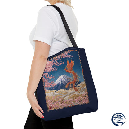 Japanese Phoenix Houou Mt Fuji Sakura Aop Tote Bag - Japandi Zen Aesthetic, Embroidery Texture Style, Mindfulness Gift HF3D | MU-NI Japan