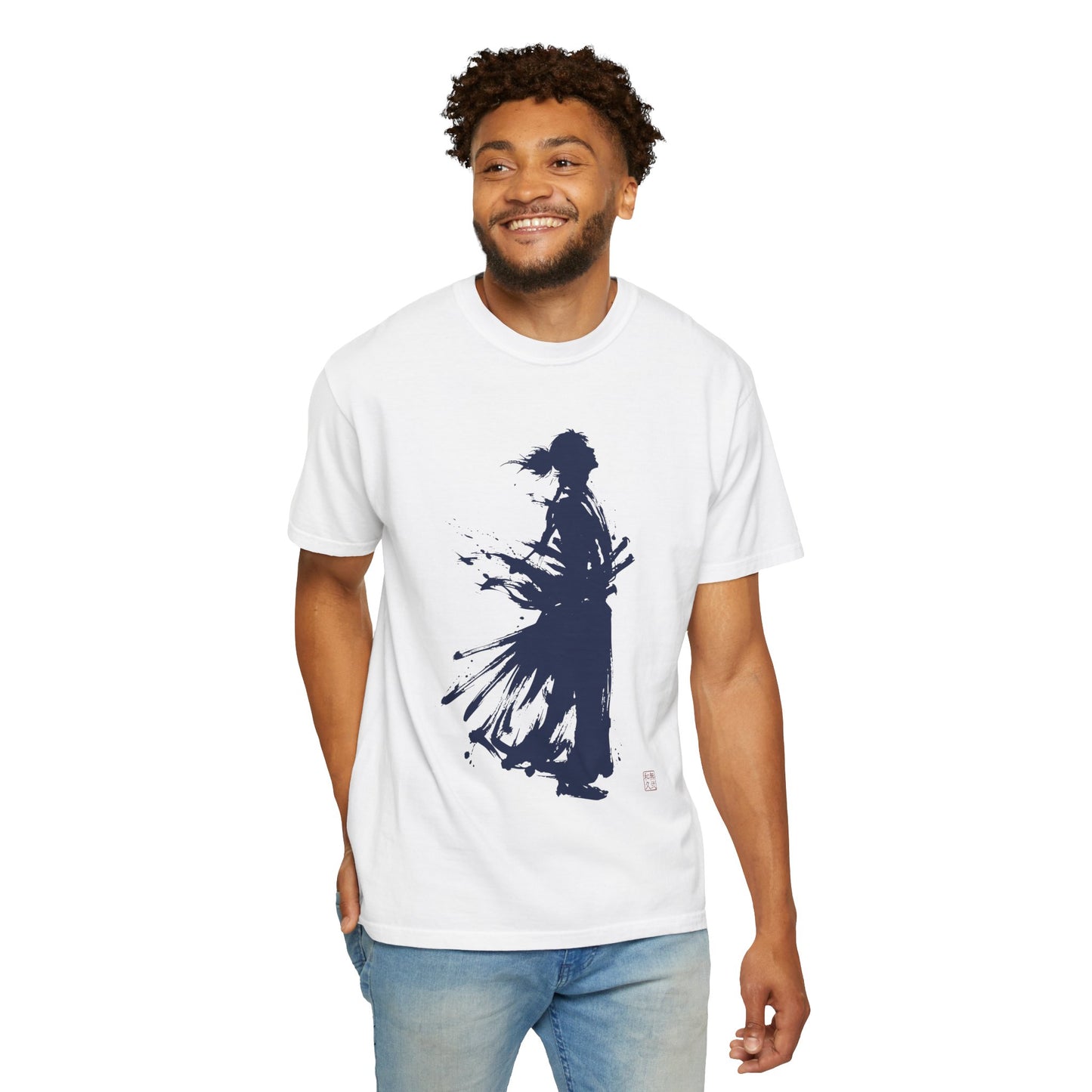 Minimalist Samurai Silhouette Zen T-Shirt - Japanese Calligraphy Kanji Shodo Art - One and Only Garment-Dyed Tee SR2T | MU-NI Japan