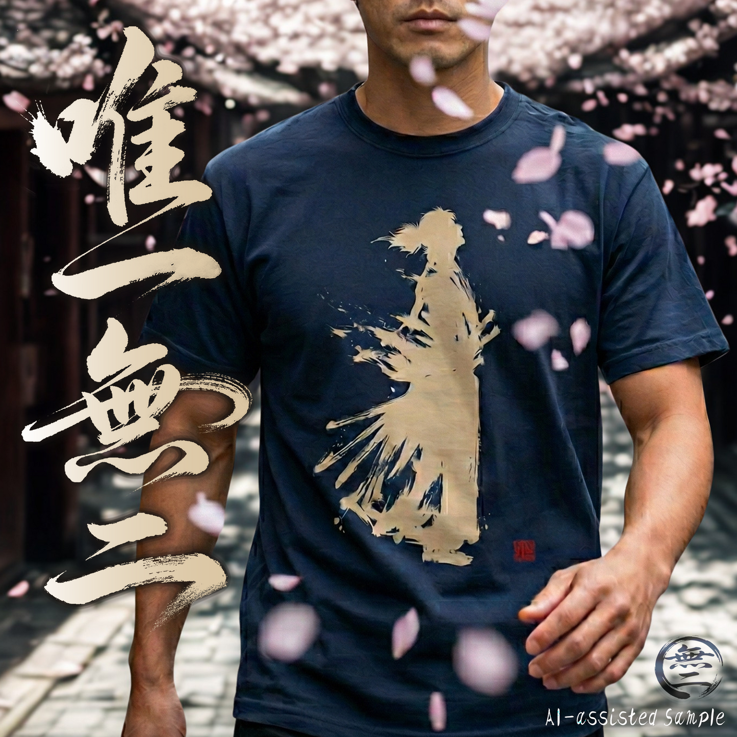 Minimalist Samurai Silhouette Zen T-Shirt - Japanese Calligraphy Kanji Shodo Art - One and Only Garment-Dyed Tee SR2U | MU-NI Japan