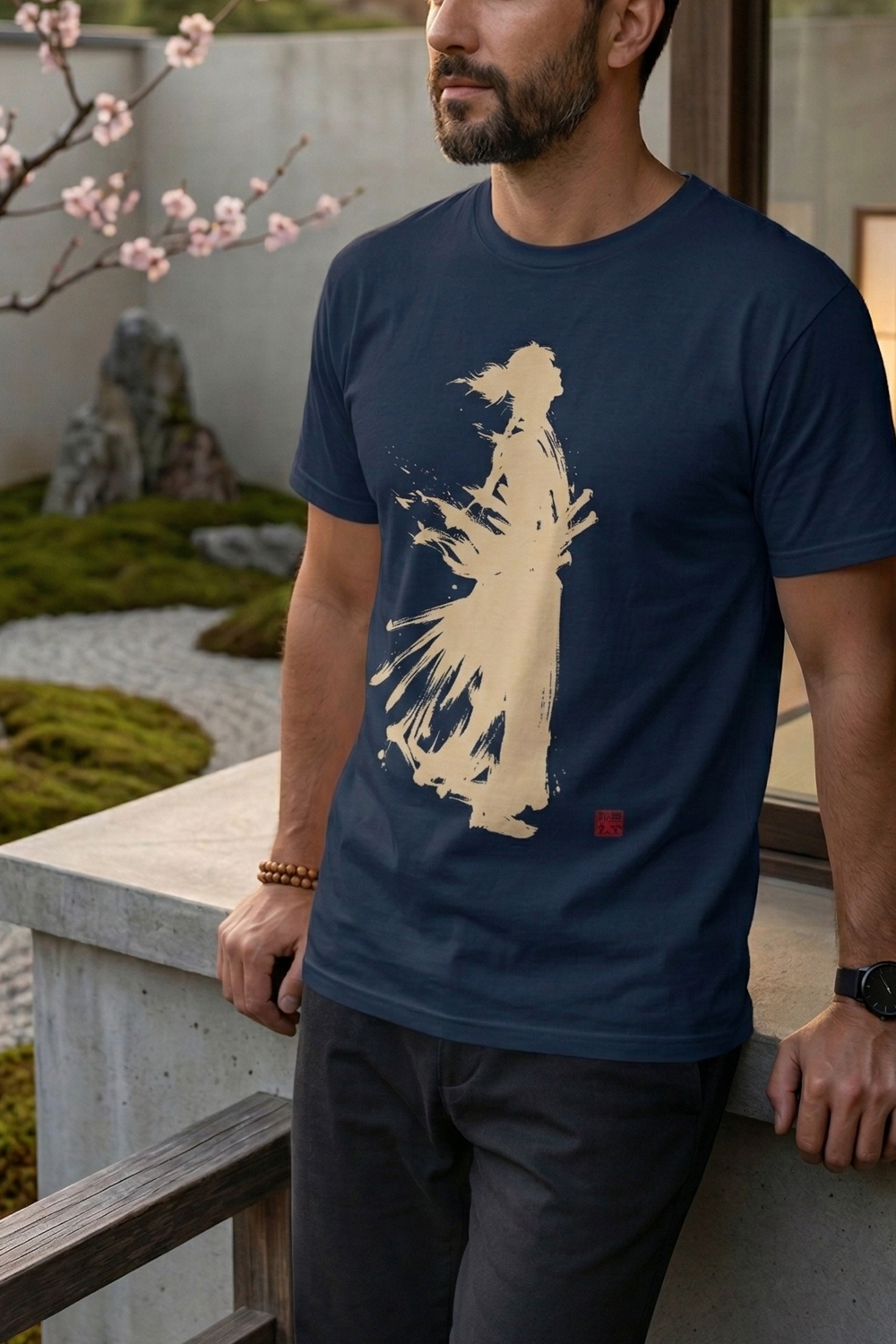 Minimalist Samurai Silhouette Zen T-Shirt - Japanese Calligraphy Kanji Shodo Art - One and Only Garment-Dyed Tee SR2U | MU-NI Japan