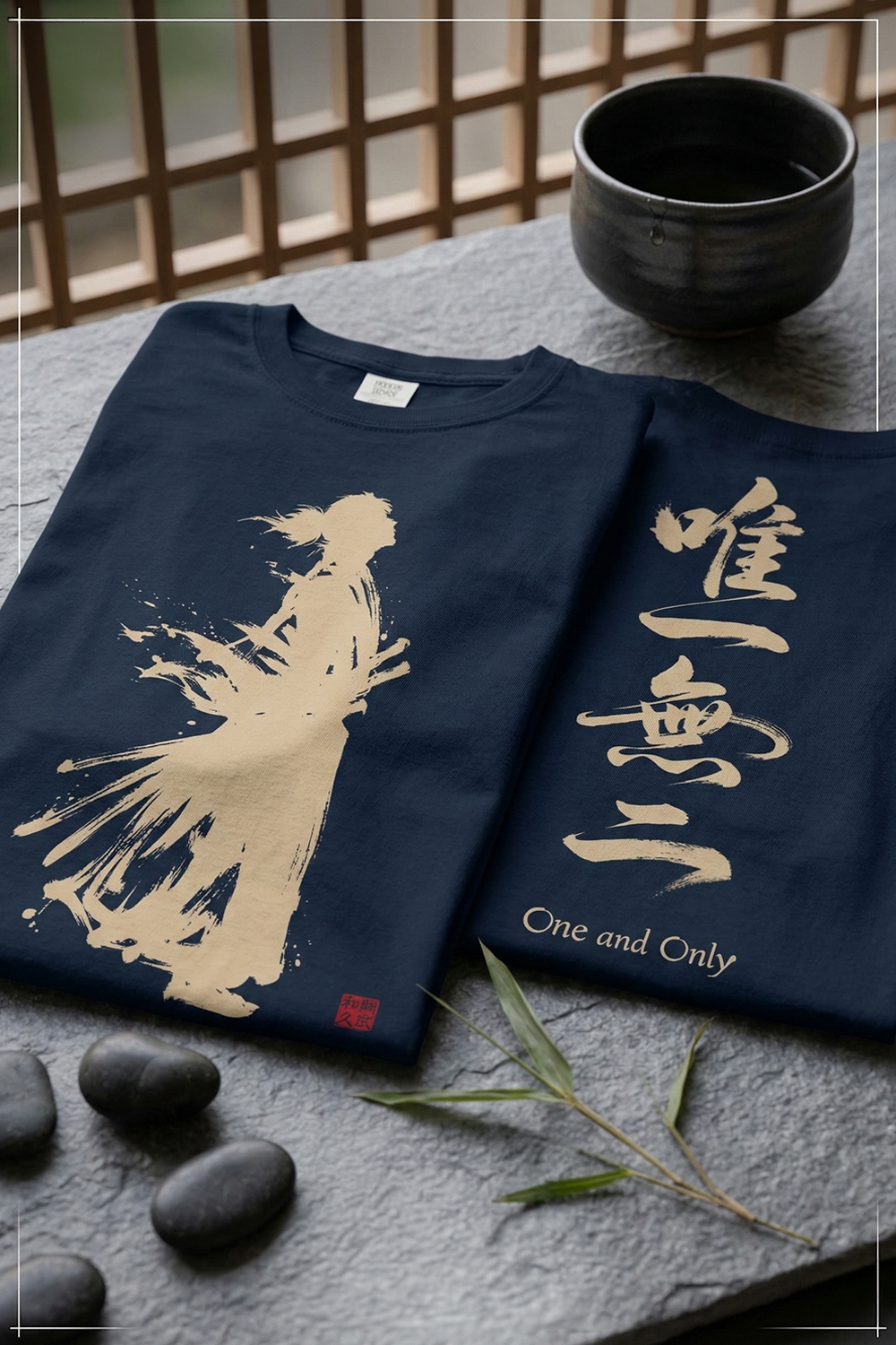 Minimalist Samurai Silhouette Zen T-Shirt - Japanese Calligraphy Kanji Shodo Art - One and Only Garment-Dyed Tee SR2U | MU-NI Japan