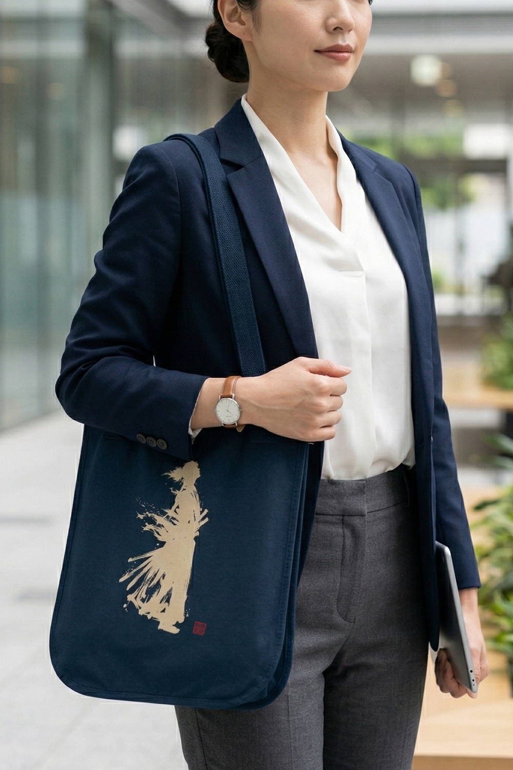 Samurai Warrior Silhouette Organic Cotton Tote Bag, Minimalist Japanese Calligraphy Art , Sustainable Eco-Friendly lgt SR2C | MU-NI Japan
