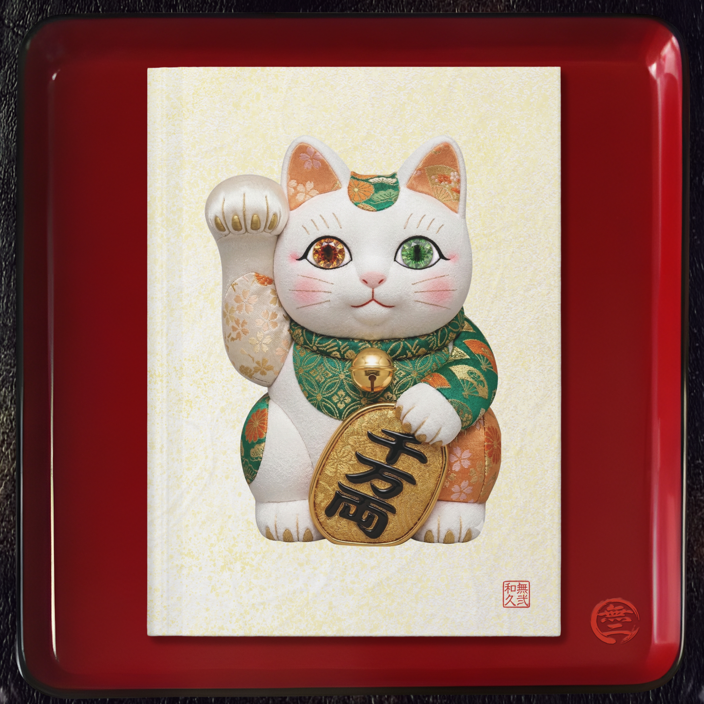 Shin-Maneki neko Modern Kimekomi Decor Hardcover Journal - Beckon Wealth and Prosperity, Kawaii Cat Japandi Style Art MK2J | MU-NI Japan