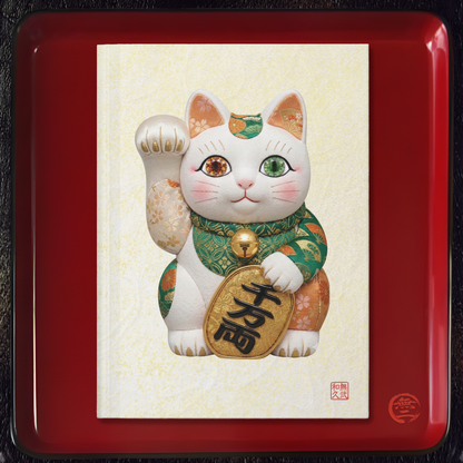 Shin-Maneki neko Modern Kimekomi Decor Hardcover Journal - Beckon Wealth and Prosperity, Kawaii Cat Japandi Style Art MK2J | MU-NI Japan