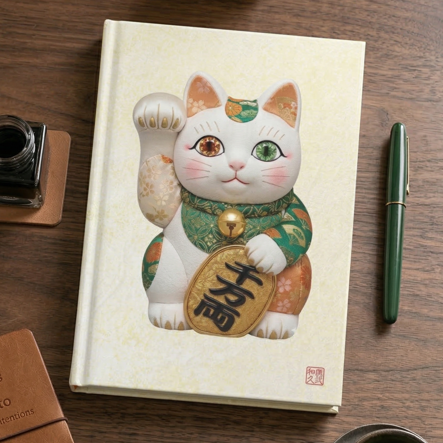 Shin-Maneki neko Modern Kimekomi Decor Hardcover Journal - Beckon Wealth and Prosperity, Kawaii Cat Japandi Style Art MK2J | MU-NI Japan