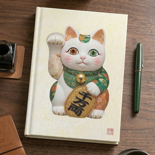Shin-Maneki neko Modern Kimekomi Decor Hardcover Journal - Beckon Wealth and Prosperity, Kawaii Cat Japandi Style Art MK2J | MU-NI Japan