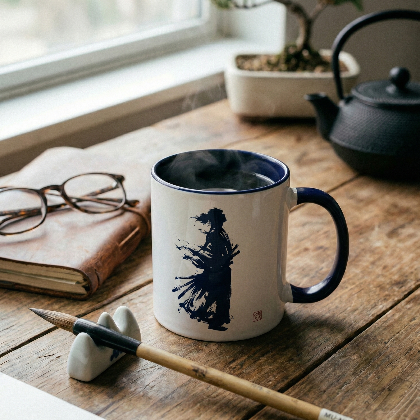 Samurai Warrior Silhouette Mug, Minimalist Japanese Art Zen Coffee Cup, Bushido Spirit, Japandi Home Office Decor 11/15oz SR2M | MU-NI Japan