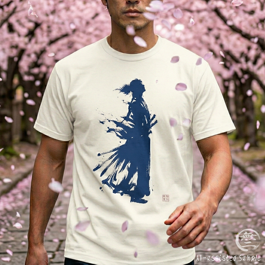Minimalist Samurai Silhouette Zen T-Shirt - Japanese Calligraphy Kanji Shodo Art - One and Only Garment-Dyed Tee SR2T | MU-NI Japan