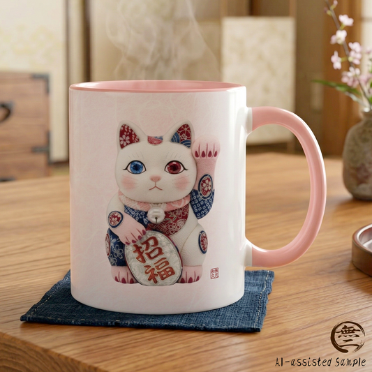 Shin-Maneki neko Modern Kimekomi Decor Style Mug (11oz) | Odd-Eye & Smile Dual Design- Beckon Health and Happiness MS2M | MU-NI Japan