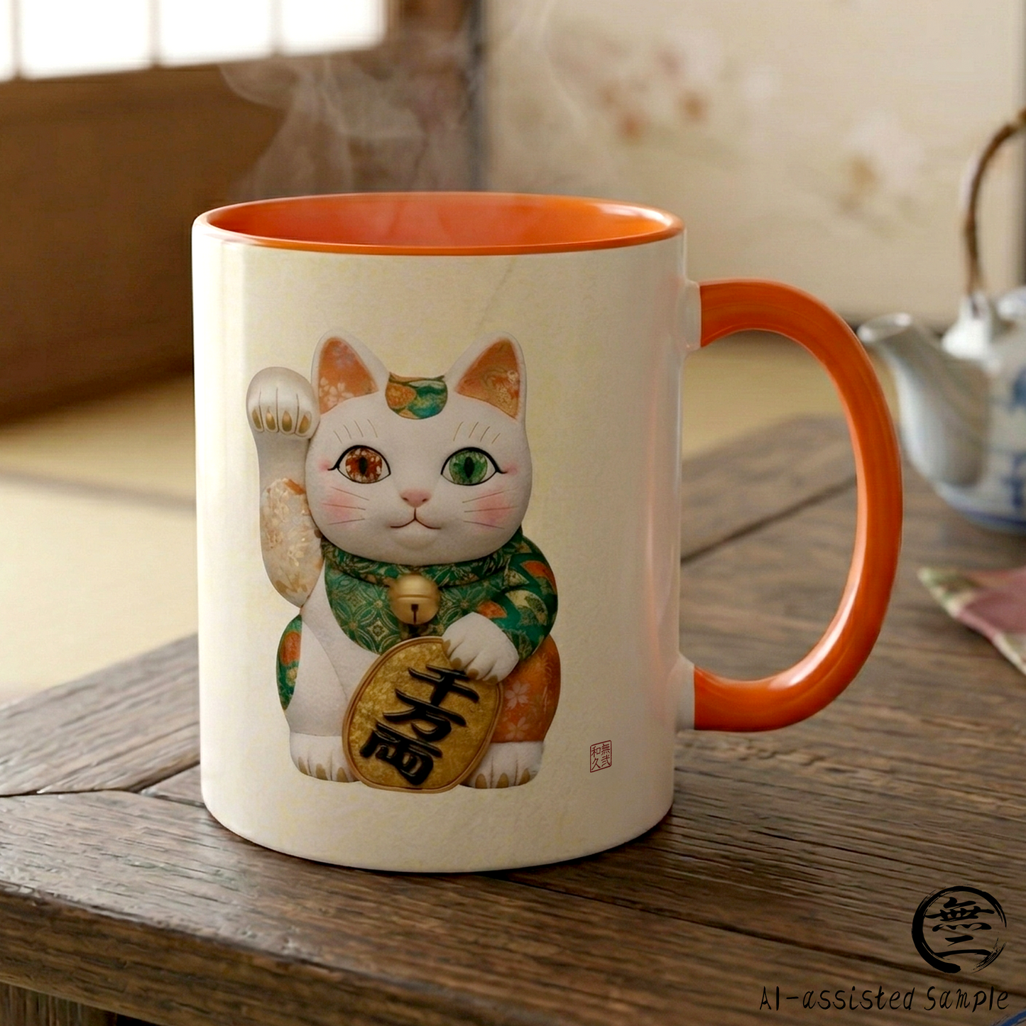 Shin-Maneki neko Modern Kimekomi Decor Style Mug (11oz) | Odd-Eye & Smile Dual Design- Beckon Wealth and Prosperity NK2M | MU-NI Japan