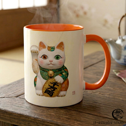 Modern Maneki neko Kimekomi Style Mug (11oz) - Dual Design- Beckon Wealth and Prosperity | NK2M MU-NI Japan