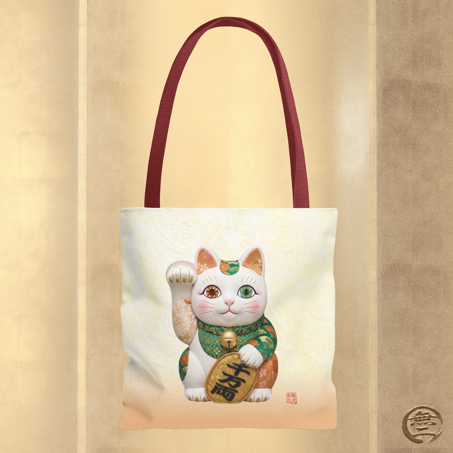 Shin-Maneki neko Modern Kimekomi Decor Style Tote Bag | Kawaii Odd-Eye & Smile Dual Design- Beckon Wealth and Prosperity MK2D | MU-NI Japan
