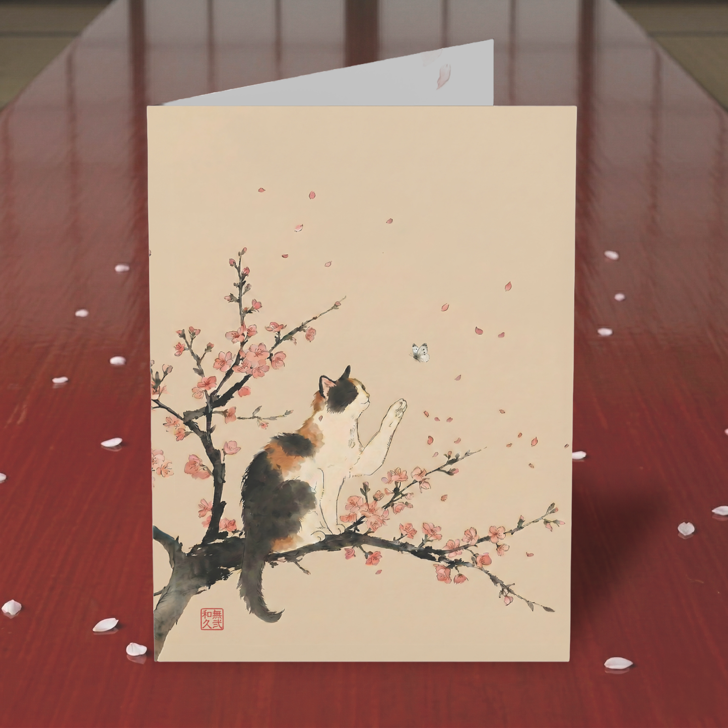 Japanese Calico Cat & Cherry Blossom Sakura Greeting Cards(10, 30, 50pcs) | Ink Wash Sumi-e style, Zen Minimalist Japandi CC2P | MU-NI Japan