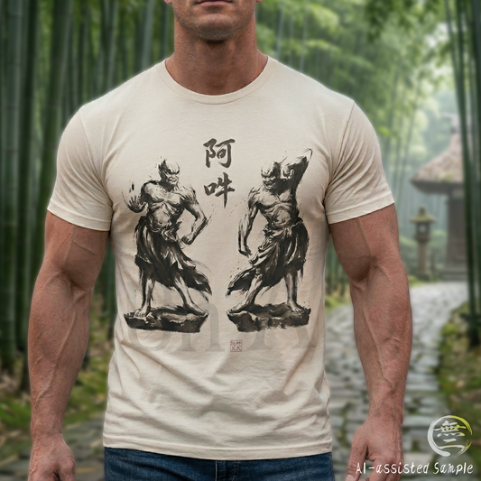 Nioh Guardians A-un Graphic Tee - Ink Wash Painting Japanese Zen Buddhist Art, Protective Spirit Minimalist Design T-shirt NI2T | MU-NI Japan