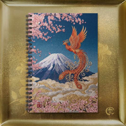 Japanese Phoenix Houou Mt Fuji Sakura Spiral Notebook - Japandi Zen Aesthetic, Embroidery Texture Style, Mindfulness Gift HF3I | MU-NIJapan