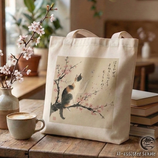 Calico Cat & Cherry Blossom "Sakura" Premium Organic Canvas Tote Bag - Zen Sumi-e Art Print Eco-Friendly Sustainable Gift CC2B | MU-NI Japan