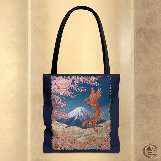Japanese Phoenix Houou Mt Fuji Sakura Aop Tote Bag - Japandi Zen Aesthetic, Embroidery Texture Style, Mindfulness Gift HF3D | MU-NI Japan