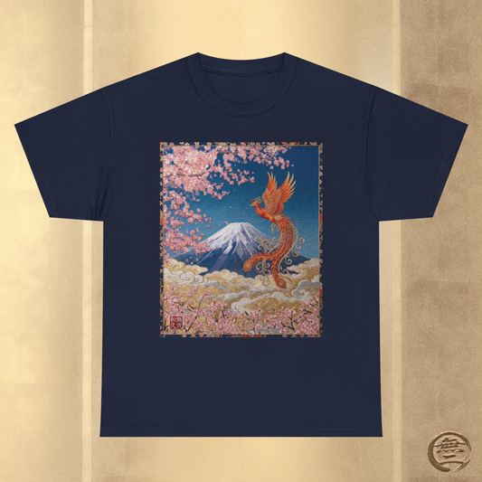 Japanese Phoenix Houou Mt Fuji Sakura T-Shirt - Japandi Zen Aesthetic Tee, Embroidery Texture Style, Mindfulness Gift HF3T | MU-NI Japan