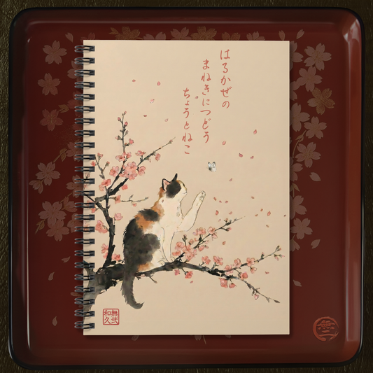 Japanese Calico Cat & Sakura Cherry Blossom Spiral Notebook -  For Art Journal, Aesthetic Zen Stationery Gift for Cat Lovers CC2I | MU-NI Japan