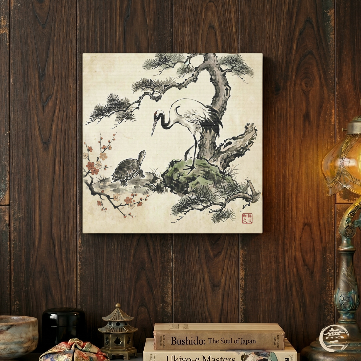 Japanese Crane and Turtle Longevity Zen Ink Art Canvas - Tsuru and Kame  | CT2V MU-NI Japan