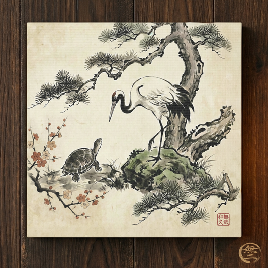 Japanese Crane and Turtle Longevity Zen Ink Art Canvas - Tsuru and Kame  | CT2V MU-NI Japan