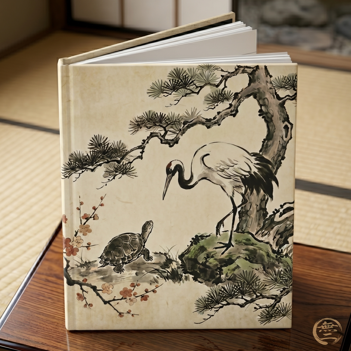 Japanese Crane and Turtle Hardcover Journal Matte - Sumi-e Style, Symbol of Longevity & Peace, Zen Wall Art for Home Decor CT3J | MU-NIJapan