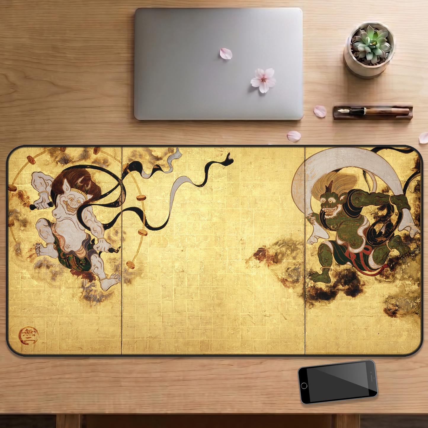 Fujin Raijin Desk Mat 16×32inch - Tawaraya Sotatsu Japanese National Treasure Gaming Mouse Pad | MU-NI Japan