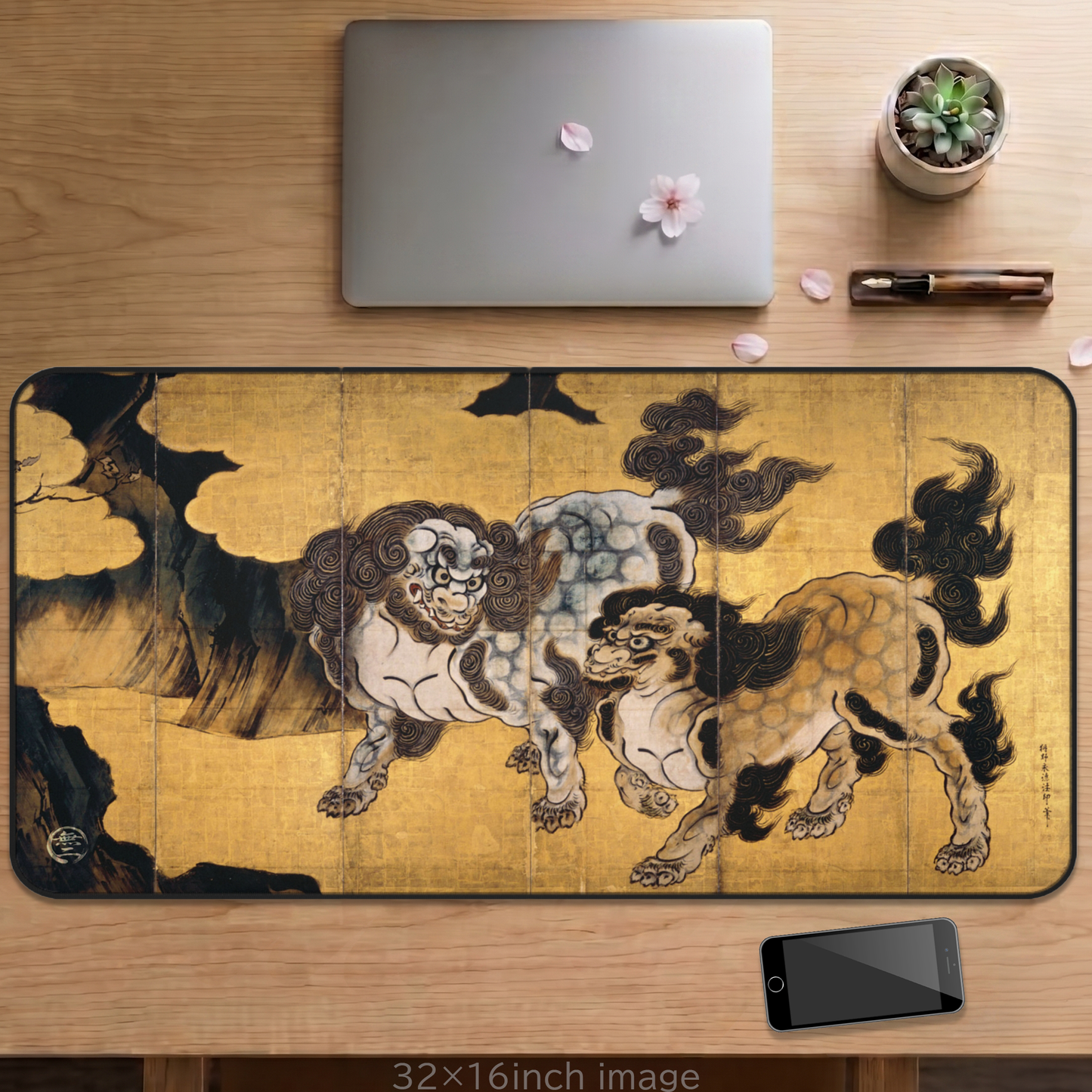 Kano Eitoku Karashishi - Screen Art Desk Mat 16x32inch Japanese Art Large Mouse Pad | RHC MU-NI Japan