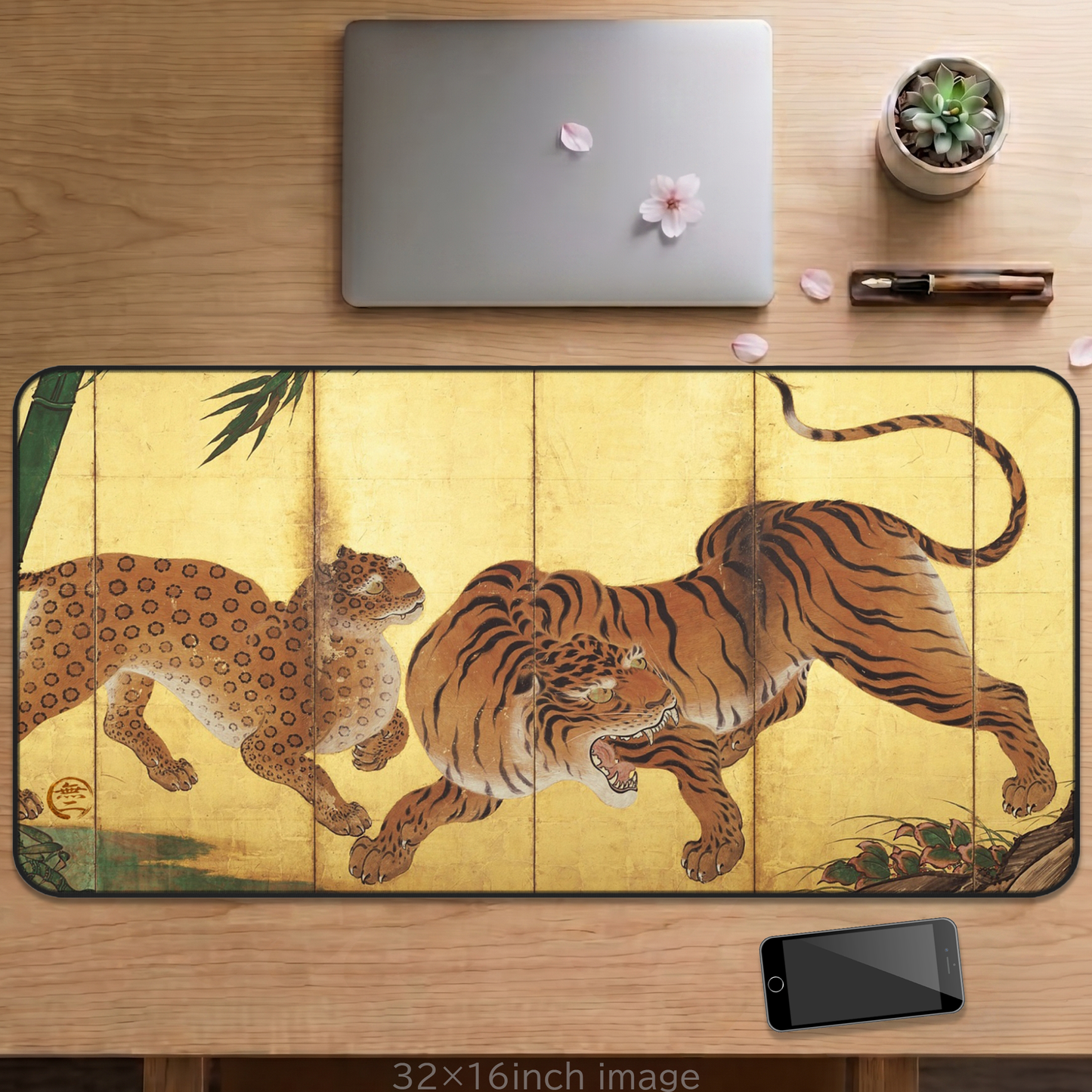 Kano Sanraku Ancient Japanese Tiger - Screen Art Desk Mat Vintage Art Large Mousepad | RHC MU-NI Japan