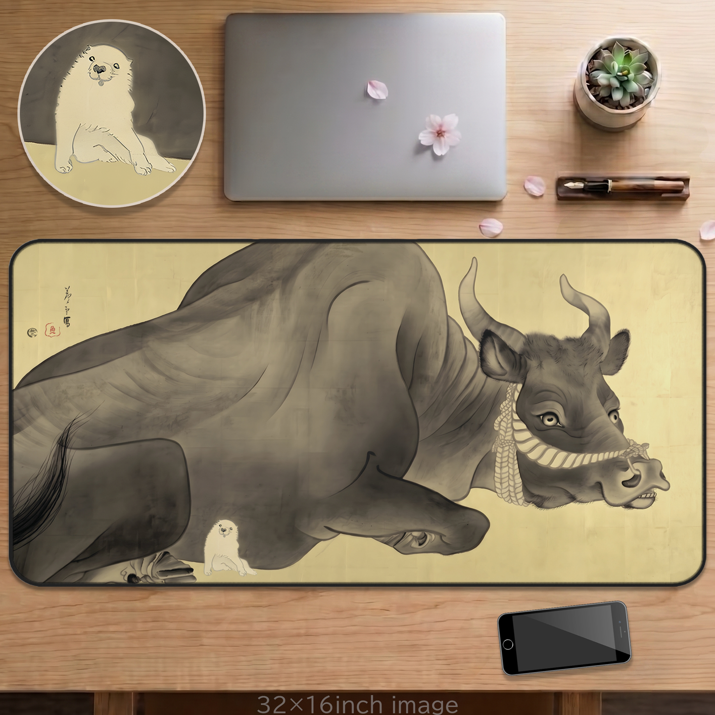 Nagasawa Rosetsu Bull and Cute Puppy Desk Mat - Remastered Japanese Art Large Mousepad | MU-NI Japan