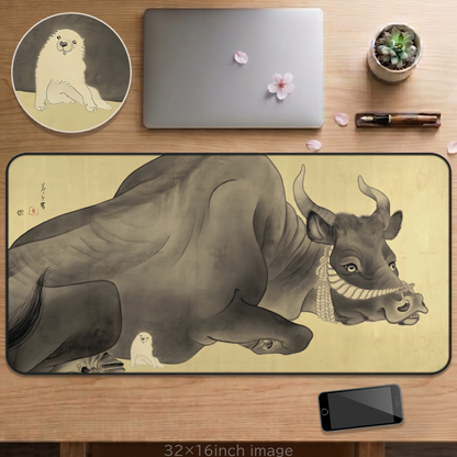 Nagasawa Rosetsu Bull and Cute Puppy Desk Mat - Remastered Japanese Art Large Mousepad | MU-NI Japan