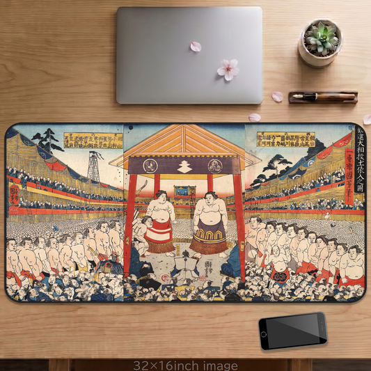 Vintage Sumo Ukiyo-e Desk Mat 16x32 inch - Utagawa Kunisada Japanese Traditional Art  | MU-NI Japan