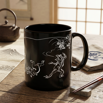 Choju-Giga Inverted Black Ceramic Mug Black Mug (11oz, 15oz), Japanese Antique Art Frog and Rabbit| RHC MU-NI Japan