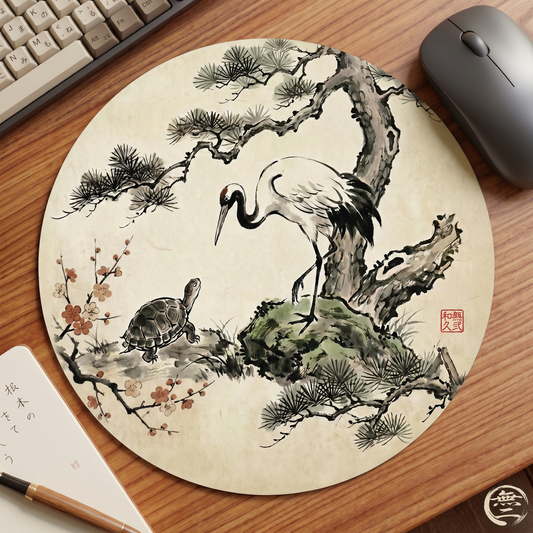 Crane and Turtle Sumi-e Round Mouse Pad with Pine & Plum | MU-NI Japan