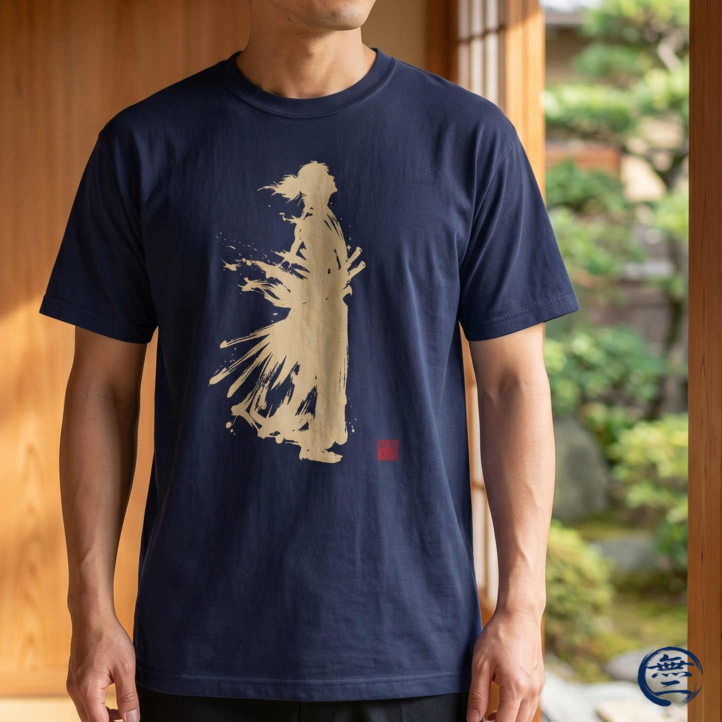 Minimalist Samurai Silhouette Zen T-Shirt - Japanese Calligraphy Kanji Shodo Art - One and Only Garment-Dyed Tee SR3U | MU-NI Japan