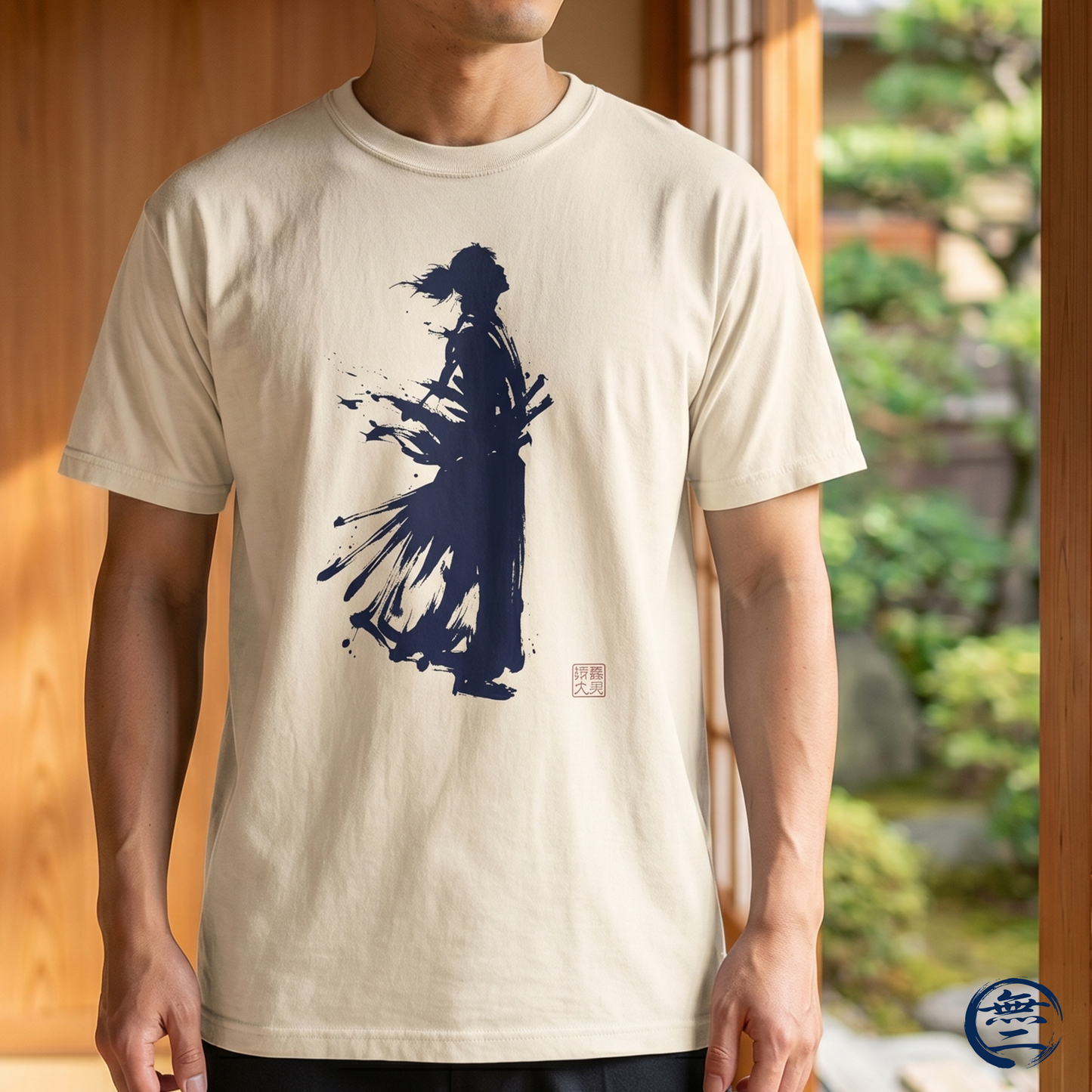 Minimalist Samurai Silhouette Zen T-Shirt - One and Only Garment-Dyed Tee SR4T | MU-NI Japan