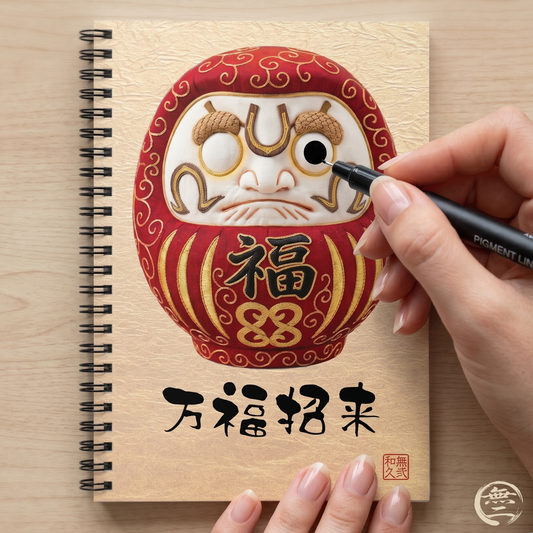 Japanese Daruma Red Modern Talisman Notebook "Fuku" - Kimekomi Style Textured Art | DR2I MU-NI Japan