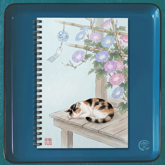 Japanese Calico Cat and Morning Glory Spiral Notebook - Cute Summer Wind Chime Journal | CC4I MU-NI Japan