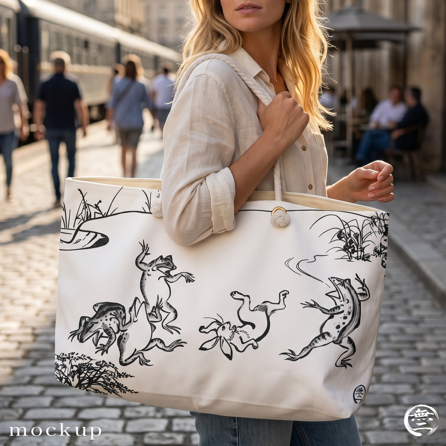 Choju-giga Japanese Art Tote Bag - Vintage Frog and Rabbit Weekender Bag | MU-NI Japan
