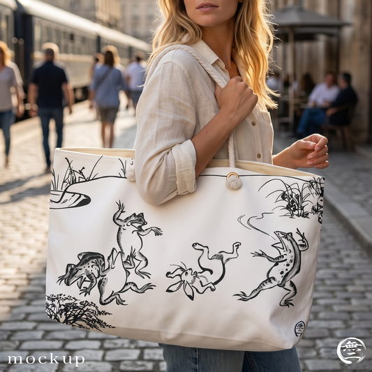 Choju-giga Japanese Art Tote Bag - Vintage Frog and Rabbit Weekender Bag | MU-NI Japan